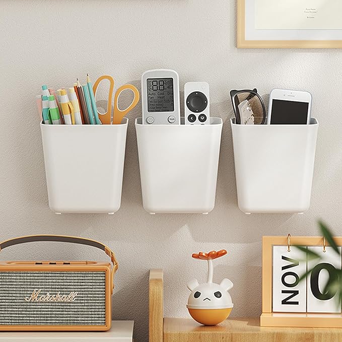 6 Pack Kitchen Cabinet Door Storage Box, Self Adhesive Wall Mounted Storage Organizer Bins, Stackable Organizer Basket for Kitchen, Bathroom, Office, Refrigerator Small Items Organizer (White)