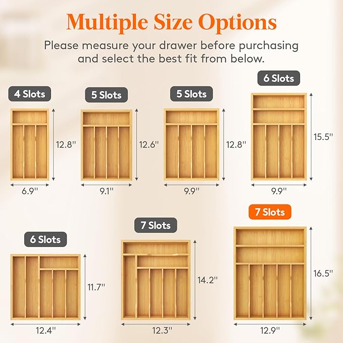 Lifewit Silverware Drawer Organizer, Utensil Tray for Kitchen, 7 Slot Bamboo Flatware and Cutlery Holder, Wood Storage for Spoons Forks Knives, 12.9 x 16.5 Inches, Natural
