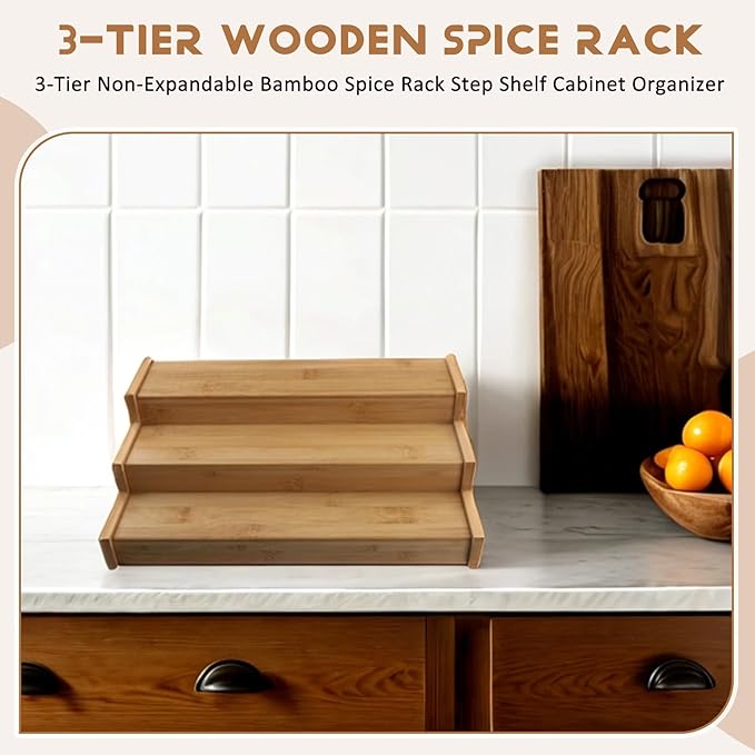 3-Tier Non-Expandable Bamboo Spice Rack Step Shelf Cabinet Organizer