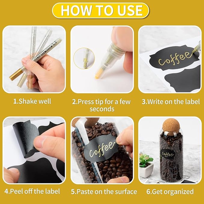 Reusable Self-Adhesive Jar Labels – 160-Piece Chalkboard Sticker Set with Gold Pen, Cleaning Towel & Scissors, Easy-Peel Vinyl Jam Jar Labels for Jars, Bottles, Pantry Containers & More