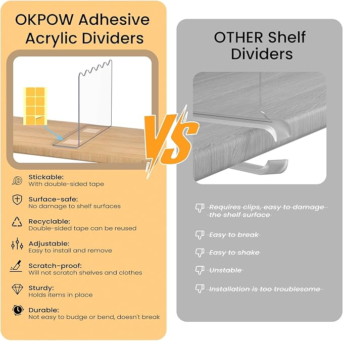 OKPOW Shelf Dividers for Closet Organization - 10" Tall X 12" Deep Acrylic Clear Separators for Clothes Purse - Vertical Wood Cabinet Shelf Divider Handbag Storage for Sweater Organizer Wife 4 Pack