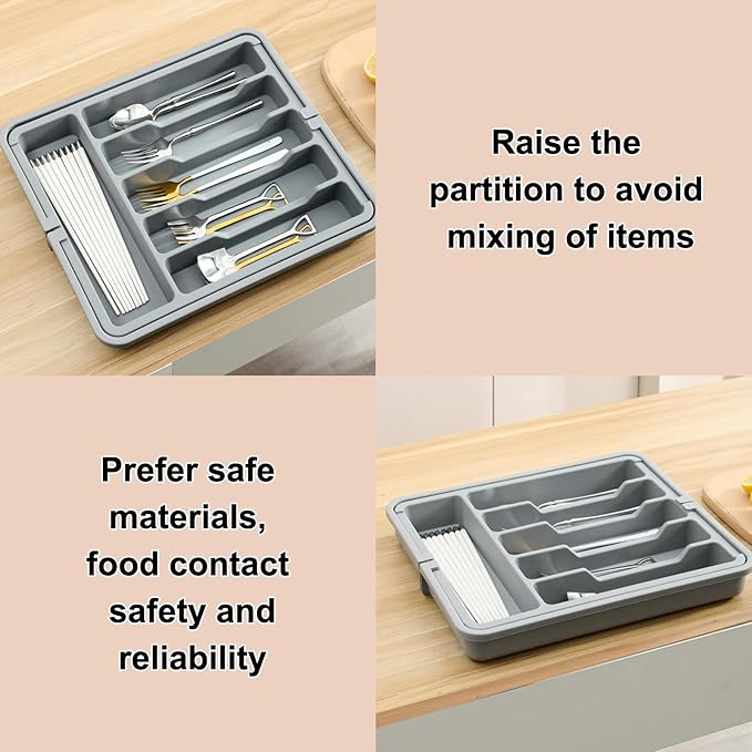 Premium Silverware Organizer for Drawer - Adjustable Utensil Holder Tray, Cutlery Storage Box with Non-Slip Base, Fits Flatware and Kitchen Tools