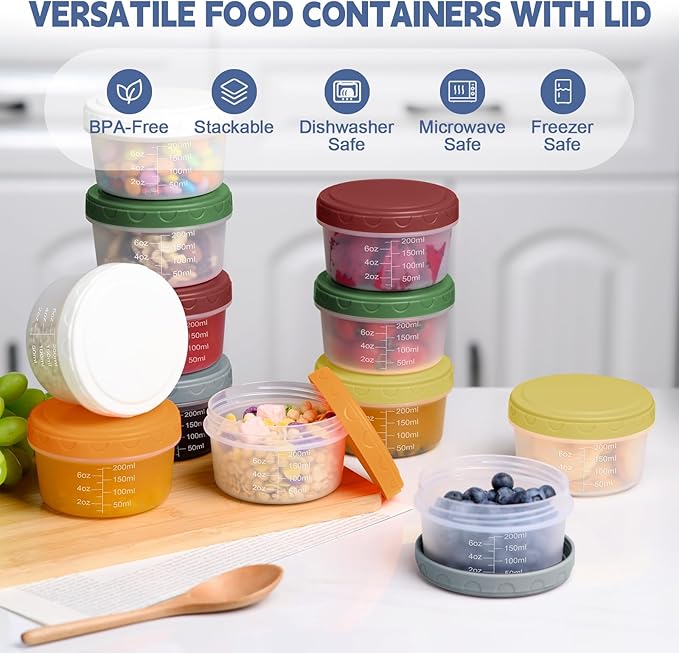 6pcs 10 oz Small Plastic Containers with Lids, Salad Dressing Container Reusable Small Food Storage Containers for Meal Prep, Leakproof, Microwave Dishwasher Freezer Safe, BPA-Free