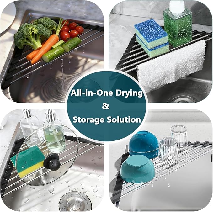 Credon Triangle Roll Up Dish Drying Rack Over The Sink, Foldable Multipurpose Corner Sink Caddy, Stainless Steel Anti Slip and Rust Proof Kitchen Sink Drainer Organizer, Small Space Solutions (Black)