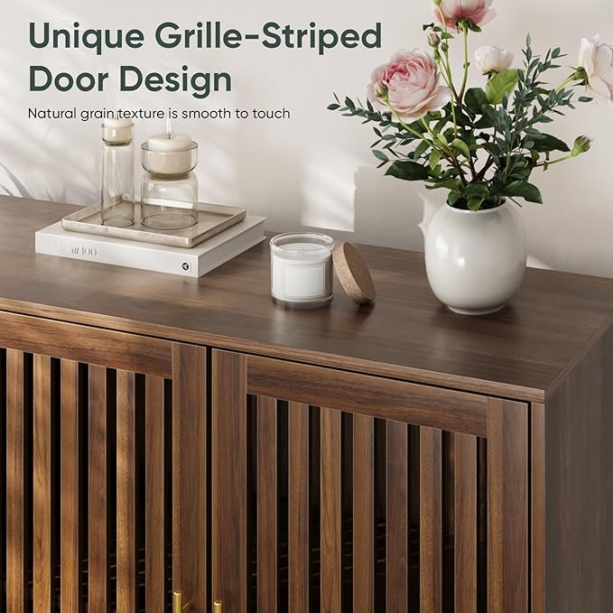 63" Long Sideboard Buffet with 4 Slatted Doors, Farmhouse Buffet Storage Cabinet with Adjustable Shelf, Coffee Bar Cabinet for Entryway, Kitchen, Dining Room, Living Room, Walnut Color