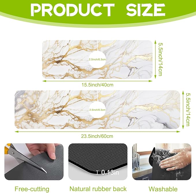 Gray Gold Marble Kitchen Sink Splash Guard Faucet Mat Super Absorbent Fast Drying Mat Guard Behind Faucet Drip Catcher for Kitchen Bathroom, 15.5"X5.5"