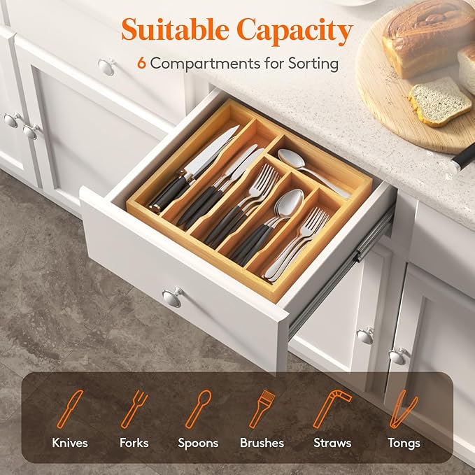 Lifewit Silverware Drawer Organizer Tray, Bamboo Cutlery Storage for Kitchen Drawer, 6 Compartment Flatware and Utensil Holder Divider for Spoons Forks Knives Tableware, Natural