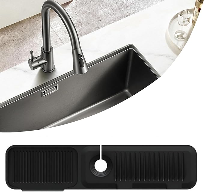 MOODKEY Kitchen Sink Splash Guard Silicone Faucet Handle Drip Catcher Tray Sink Protector for Kitchen Sink Sponge Holder for Kitchen Sink Faucet Mat Fits Faucet Tube within 2.5" (black, 24'')