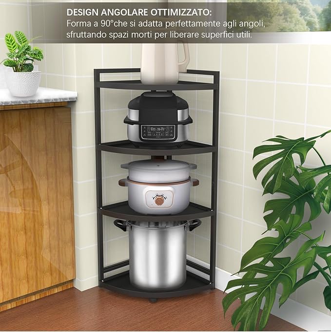 HUIJIN 4 Tier 90°Corner Shelf for Kitchen - Space-Saving Spice Rack, Pot & Pan Organizer, Under Sink Storage - Sturdy Iron Tiered Shelves [RA10 H80/W30CM]