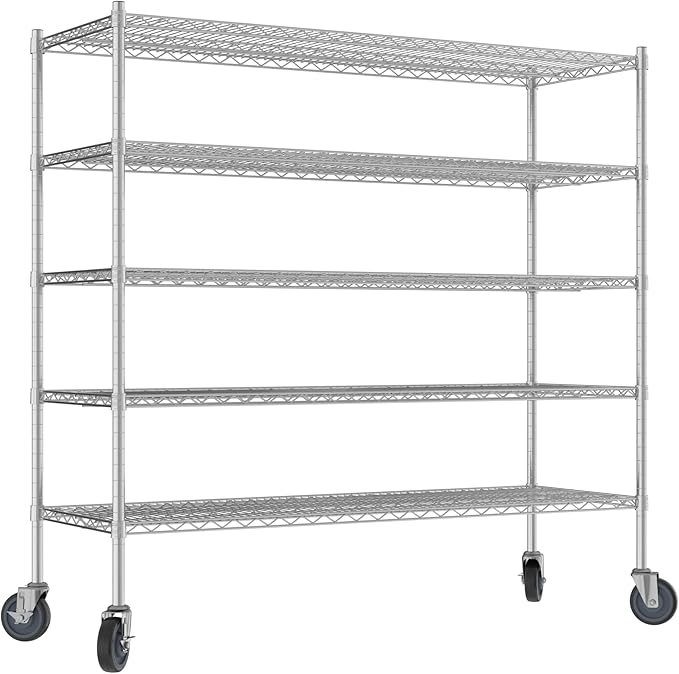 Commercial NSF Listed Chrome Mobile Wire Shelving Kit 21" x 60" x 60", with 5 Shelves Perfect for Warehouse, Walk-in Refrigerator, Freezer, Grocery Store, Restaurant, Dishroom