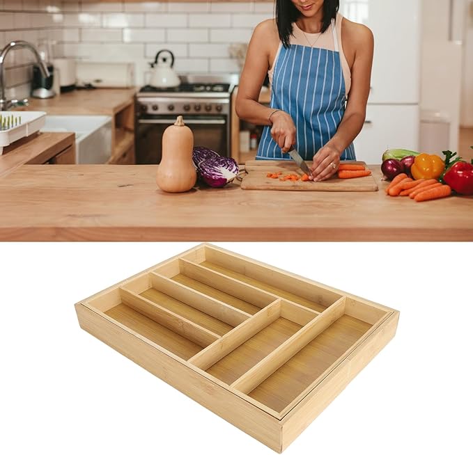 Kitchen Silverware Organizer Expandable for Cutlery and Utensils, Adjustable Wood Utensil Storage Cutlery Tray for Drawers, Kitchen Drawer Organizer Utensil Holder Makeup Organizer with(8 Slots)