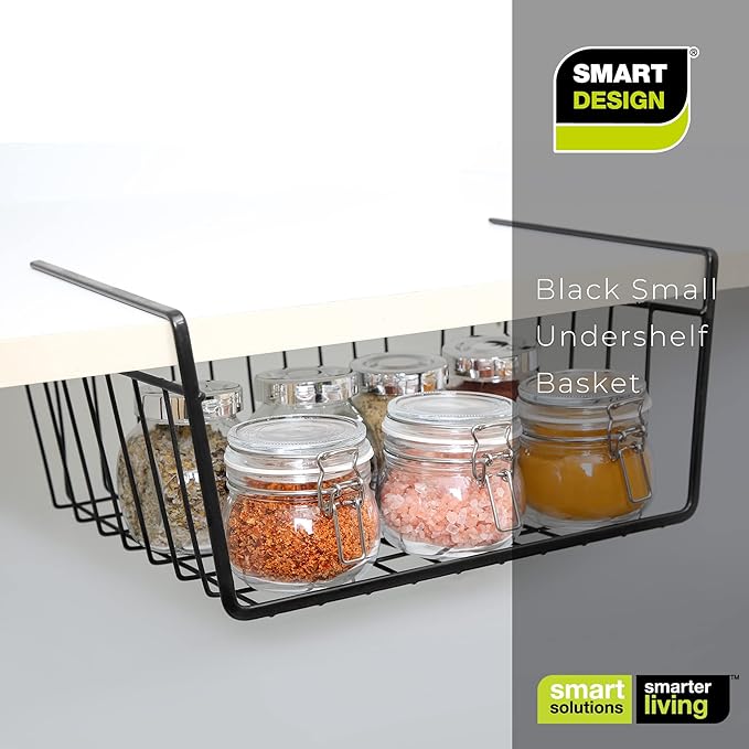 Smart Design Undershelf Storage Basket - Small - Snug Fit Arms - Steel Metal Wire - Rust Resistant - Under Shelves, Cabinet, Pantry, and Shelf Organization - 12 x 5.5 Inch - Black