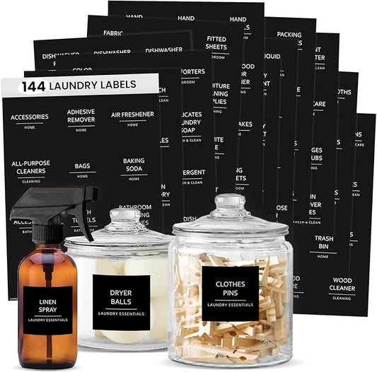 Talented Kitchen 144 Minimalist Laundry Labels – White Print on Matte Black Backing, Waterproof Vinyl Adhesive Stickers for Laundry Room, Kitchen, Pantry, Spice Jars & Household Organization