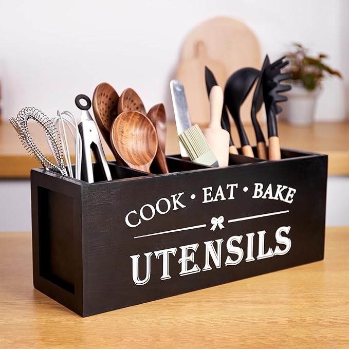 Utensil holder for Kitchen Counter Large Round Utensils Holder with Wooden Base Matte Black Cooking Utensil Holder，Kitchen countertop Utensil Organize (Black-4 Compartments)