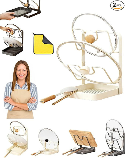 Kitchen Pot Lid Storage Rack, Pot Lid Holder with Tray, Lid Holder While Cooking, Lid and Spoon Rest, Multifunctional Kitchen Organizer Stand, No More Pools of Gross Water (Beige-Double layer)