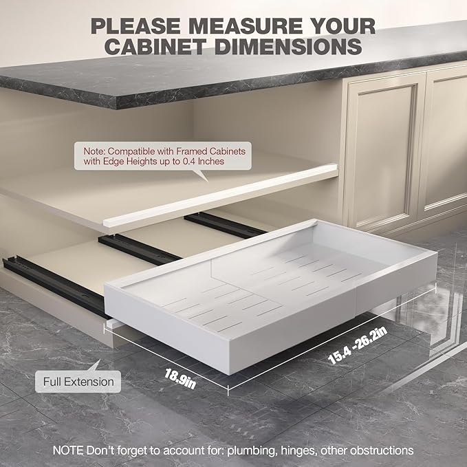 2 Pack Pull Out Cabinet Organizer 19" Deep,Full Extension 3 Slide Rails Slide Out Drawers With Raising Pad for Framed Cabinets,Expandable Width (15.4"-26.2"),No Drill Roll Out shelf,White