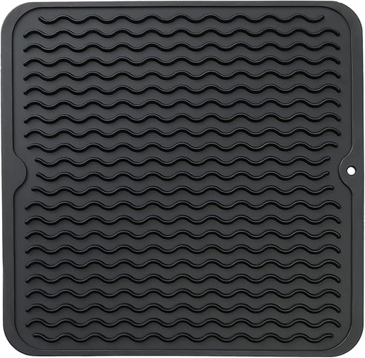 Silicone Dish Drying Mat for Multiple Usage,Easy clean,Eco-friendly,Heat-resistant Silicone Mat for Kitchen Counter or Sink,Refrigerator or Drawer liner Black M 12 inches x 12 inches