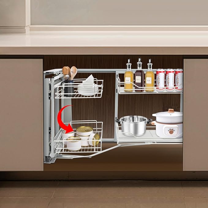 Blind Corner Cabinet Pull Out Organizer, 2 Tier 4 Baskets Stainless Steel L-Shaped Kitchen Slide Out Kitchen Cabinet Organizer Shelf for 15.75” Opening Door (Left or Right)