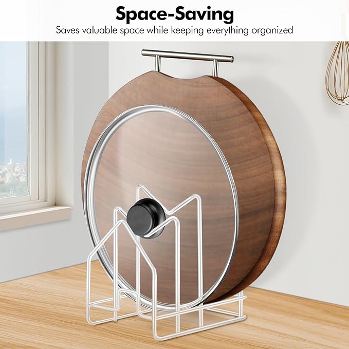 Poeland Kitchen Pot Lid Organizer, Pan Rack with 3 Compartments, Pantry Organizer Rack for Dinnerware, Bakeware, Cookware, Cutting Boards, Pan Lids (White)