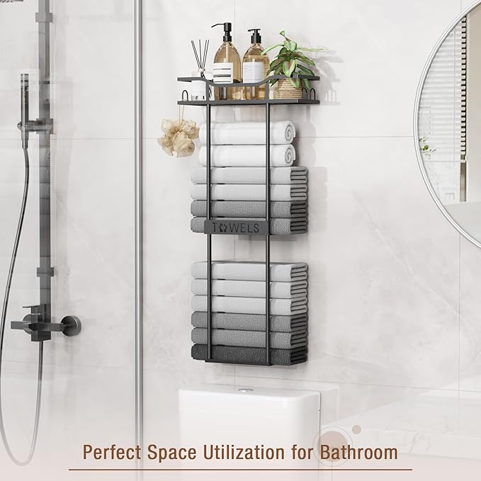 Towel Racks for Bathroom Wall Mounted Towel Storage Organizer Wall Towel Rack for Rolled Towels（2 Tier Black