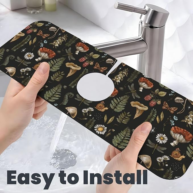 Vintage Magic Witch Mushroom Fern Witchcraft Kitchen Sink Splash Guard Faucet Mat Super Absorbent Fast Drying Mat Sink Gadgets-Fast Drying Pad Sink Mat For Kitchen Bathroom (15" X 5.5" )
