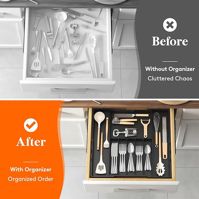 Lifewit Silverware Drawer Organizer, Expandable Utensil Tray for Kitchen, BPA Free Plastic Flatware and Cutlery Organizer, Adjustable Storage for Spoons Forks, Fits 12-20.5x11.3-19.3x1.7 Inch, Black