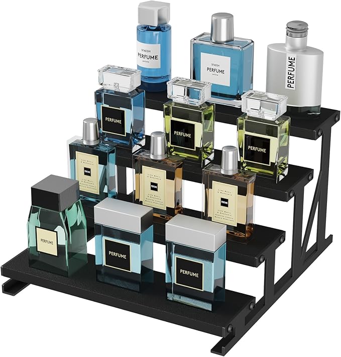 Lifewit 4 Tier Cologne Organizer for Men, 9.8inch Wooden Perfume Stand, Display Riser Shelf for Fragrance, Aftershave, Skincare Makeup for Vanity, Bedroom, Bathroom Countertop Storage, Black, 1 Pcs