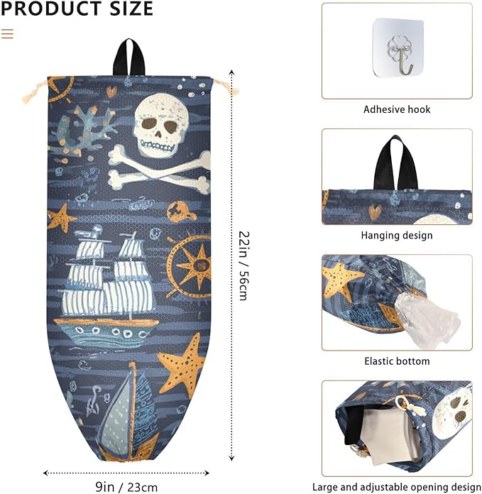 Plastic Bag Holder Wall Mount Grocery Bag Shopping Bag Storage Holder Organizer Dispenser with Adhesive Hook,for Kitchen Bathroom Home Decor 9x22 Inches Blue Pirate Skulls26