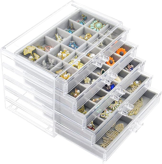Acrylic Jewelry Box with 5 Drawers, Clear Earring Storage Organizer Display Case for Women Girls, Gray