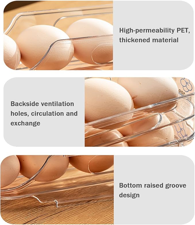 Egg Holder for Fridge 2 Tier Automatic Scrolling Egg Storage Clear Stackable Refrigerator Organizer Space Saving Kitchen Fridge Container for Home Restaurant Dispenser