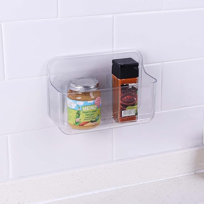 No-Drill Wall Organizer Bin – Clear Removable Adhesive Storage Box with Drain Holes, PET Plastic, Ideal for Small Items in Kitchen, Bathroom, Cabinet Door – Sandra Series