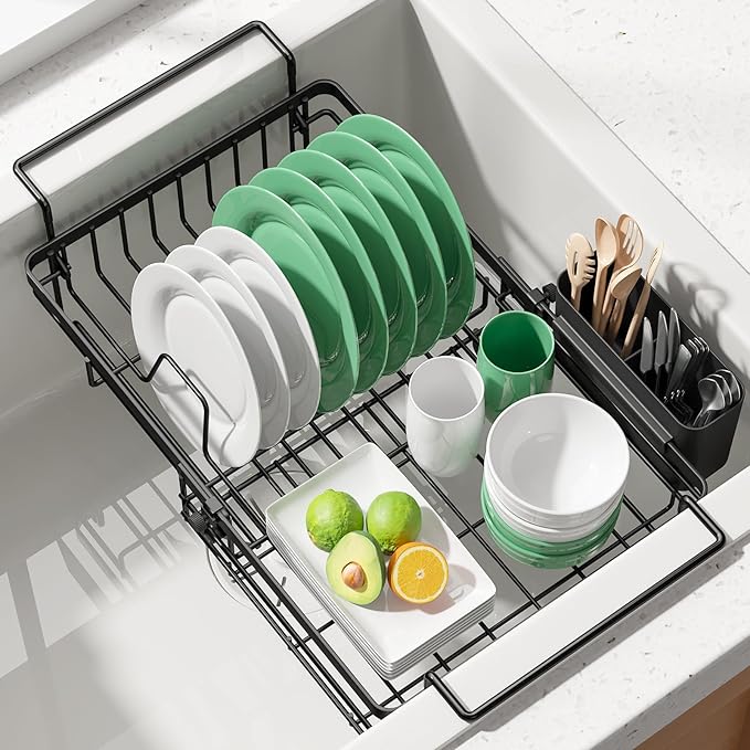 Kitsure Dish Drying Rack – Expandable in-Sink or Over-Sink Dish Rack for Kitchen Counter, Rust-Resistant Metal Dish Strainer with Cutlery Holder, 16.0"-20.7" L x 11.4" W x 5.7" H, Black