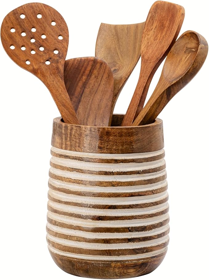 Mie Creations Boho 7'' Large Utensil Holder for Kitchen Counter | Handcrafted Wooden Utensils Crock Cooking Spatula Organizer | Gifts for Mom, Utensil Holder Caddy, Countertop Supplies- White Lining