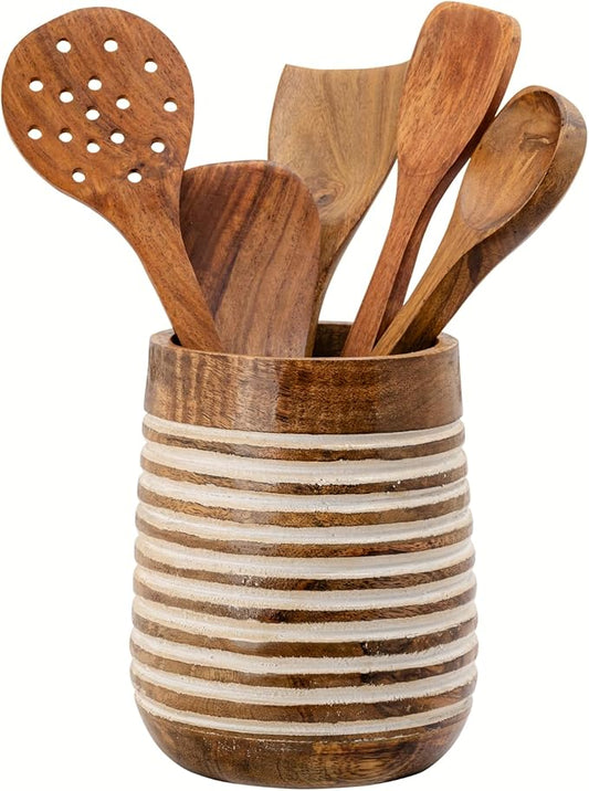 Mie Creations Boho 7'' Large Utensil Holder for Kitchen Counter | Handcrafted Wooden Utensils Crock Cooking Spatula Organizer | Gifts for Mom, Utensil Holder Caddy, Countertop Supplies- White Lining