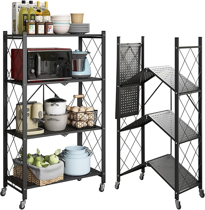 Foldable Storage Shelves with Wheels, Folding Shelving Units Storage, Heavy Duty Metal Collapsible Shelf No Assembly, Large Capacity Pop-Up Organizer for Garage,Kitchen,Living Room, 4-Tier Black