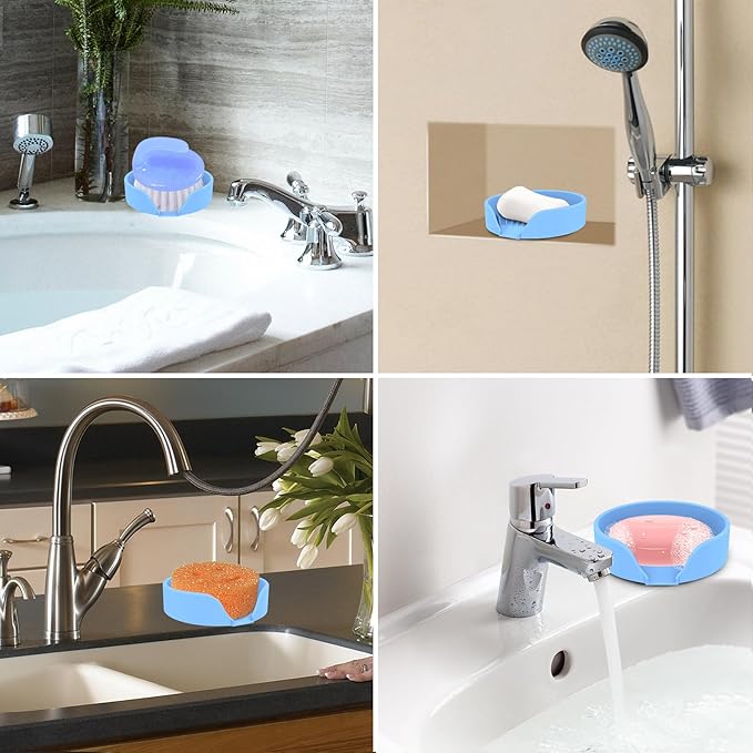 Self Draining Soap Dish, Silicone Soap Holder with Suction Cup and Drain Spout, Kitchen Bathroom Sink Organizer, Dish Soap Bar Tray Savers Sponge Holder, Perfect for Dispenser, Scrubber, Bottle, Cup