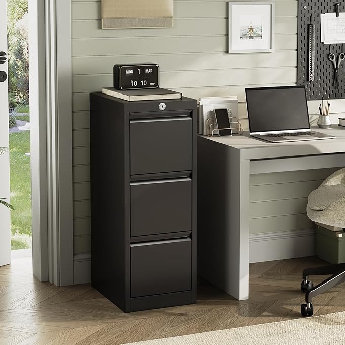 3-Drawer Metal Filing Cabinet with Lock, Vertical Heavy Duty Steel File Organizer for Home Office, Secure Storage for Letter, Legal, A4, F4 Documents – Professional Office Furniture, Black