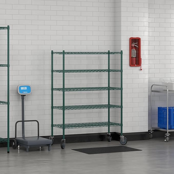 Commercial NSF Listed Green Epoxy Mobile Wire Shelving Kit 18" x 42" x 60", with 5 Shelves Perfect for Warehouse, Walk-in Refrigerator, Freezer, Grocery Store, Restaurant, Dishroom