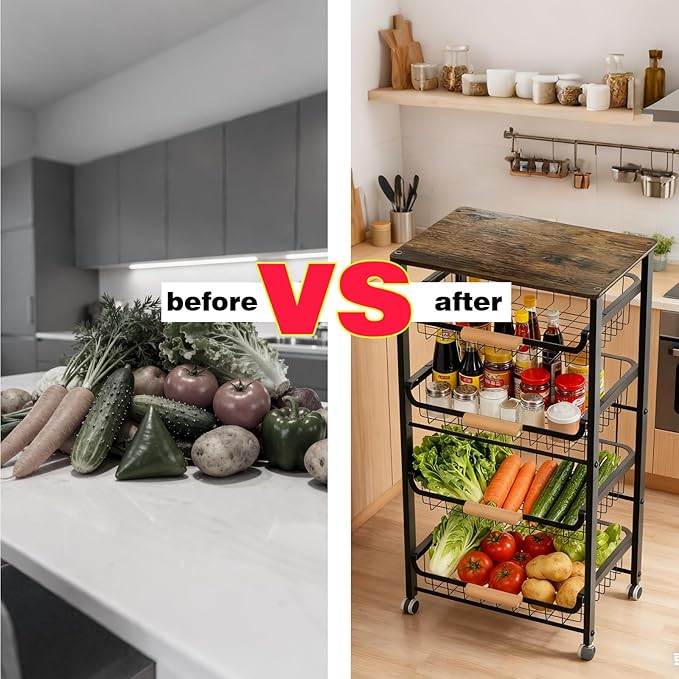 5-Tier Kitchen Rolling Utility Cart Storage with Wheels&Wood Top,Pull-Out Hollow Metal Basket Stand for Fruit Potato Onion Vegetable Snack Produce,Black