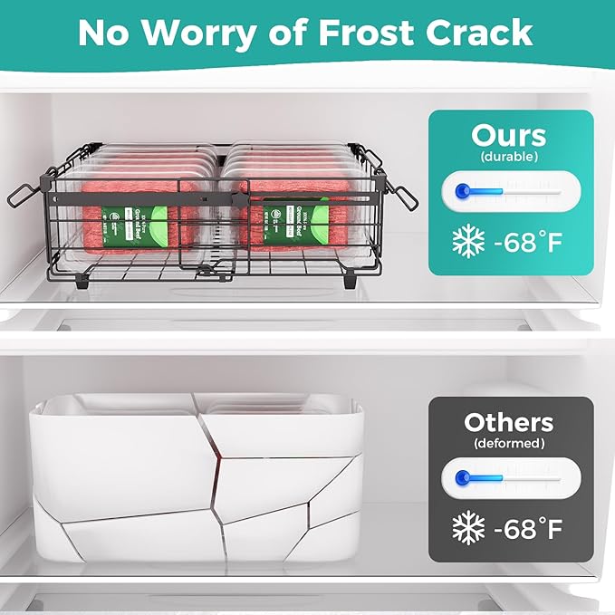 OPENICE Deep Freezer Organizer Bins, Expandable from 11.0" to 17.0" Stackable Freezer Baskets for Chest Freezer with 5 Tags, Bins for Chest Freezer Organization - 4 PCS, Black