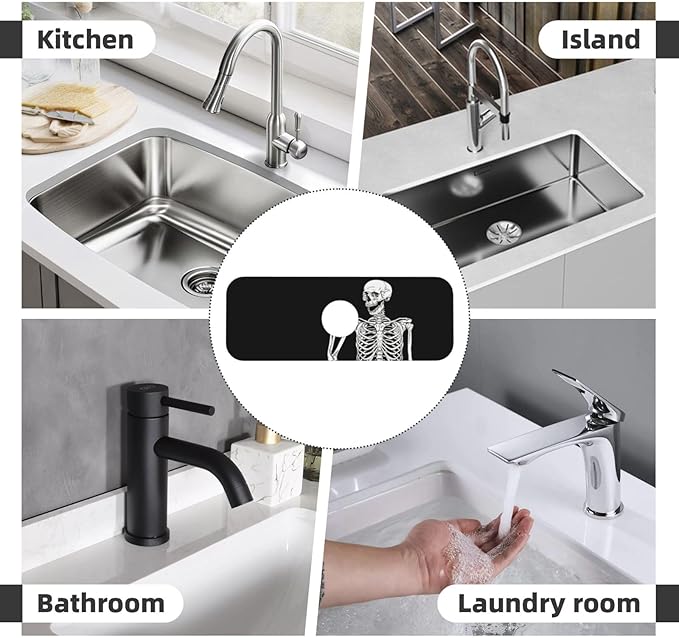 Black Funny Skull Human Skeleton Halloween Kitchen Sink Splash Guard Faucet Mat Super Absorbent Fast Drying Mat Sink Gadgets-Fast Drying Pad Sink Mat For Kitchen Bathroom (15" X 5.5" )
