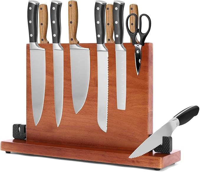 Magnetic Knife Block with Sharpener, Double-Sided Magnetic Holder & Knife Sharpening Stone,Wood Countertop Knives Block Holder,Knives Storage Organizer Rack, No Knives Included