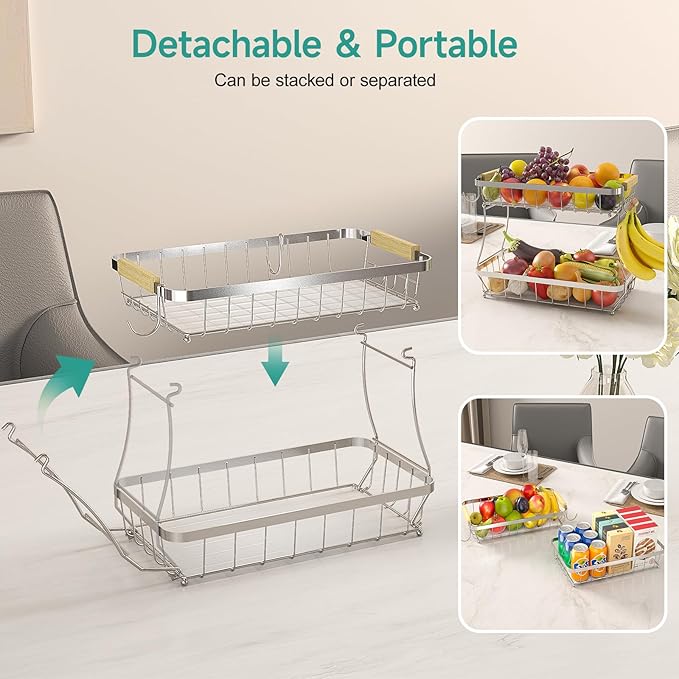 2 Tier Large Fruit Basket for Kitchen Counter with 2 Mobile Banana Hangers, 2026 Pro Detachable Metal Fruit Bowl with Wooden Handle (Silver, 2 Tier Extra Large)