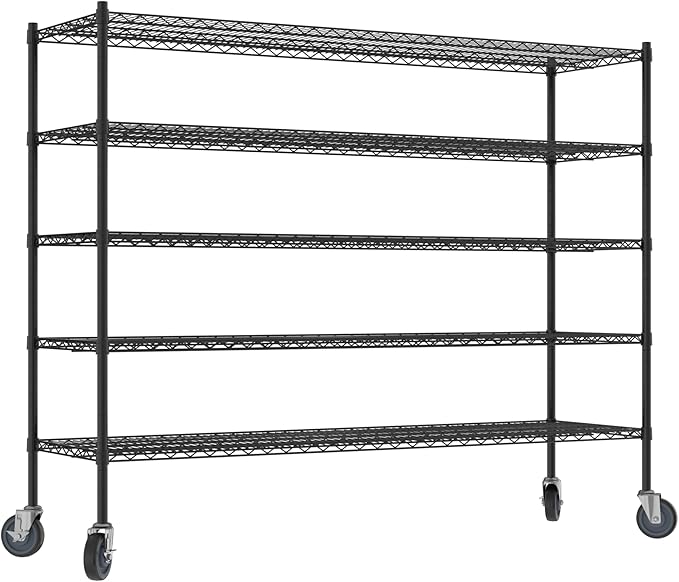 Commercial NSF Listed Black Epoxy Mobile Wire Shelving Kit 21" x 72" x 60", with 5 Shelves Perfect for Warehouse, Walk-in Refrigerator, Freezer, Grocery Store, Restaurant, Dishroom