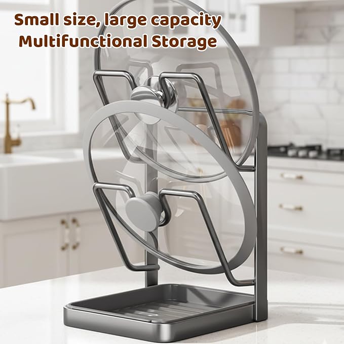 Kitchen Pot Lid Storage Rack, Pot Lid Organizer, Pot Lid Holder U-Groove Carbon Steel With Drip Tray