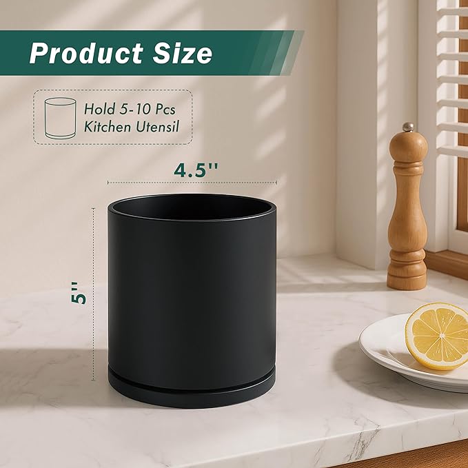 D'vine Dev 360° Rotating Utensil Holder – 5" Kitchen Utensil Crock for Countertop, Modern Cooking Tool Organizer for Kitchen Storage & Décor, Set of 2, Black, 72-Y-B-1
