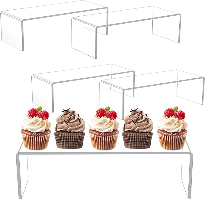 Jusalpha 4 Pc Large 12'' Clear Acrylic Risers, Display Risers Shelf Showcase Fixtures for Retail, Display Stand for Amiibo Funko POP Figures, Cupcakes, Food Display, Cabinet Organizer (12''x 5''x 3.5 '')