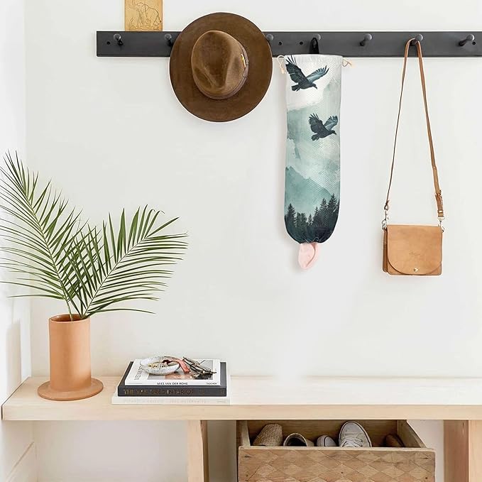 Plastic Bag Holder Wall Mount Grocery Bag Shopping Bag Storage Holder Organizer Dispenser with Adhesive Hook,for Kitchen Bathroom Home Decor 9x22 Inches Bald Eagle Mountains Green44
