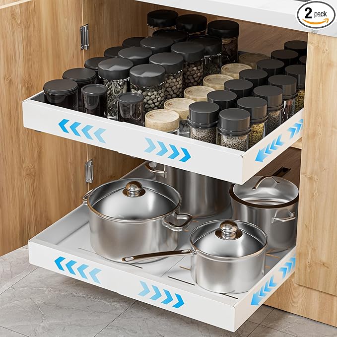 2 Pack Pull Out Cabinet Organizer Expandable Width(12.2"-20.47") & 21"Deep, Insputer Slide Out Drawers for Kitchen, Pantry with Magnetic Panel, Upgrade 3 Slide Rails, No Drill Adhesive Roll Out Shelf