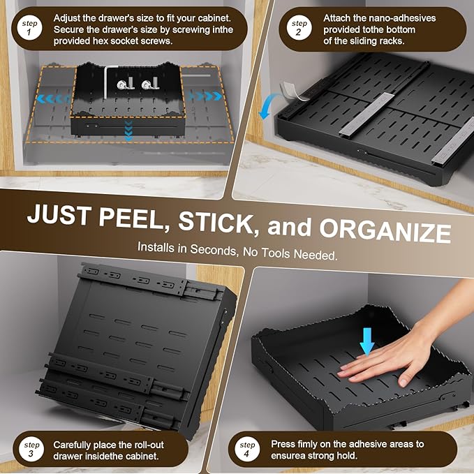 Pull Out Cabinet Organizer 1PCS,4-Way Width (11"-18") and Depth (13"-24") Expandable Pull Out Drawers for Cabinets – One Size Fits Most! No Drill, Heavy-Duty Metal Organizer for Pantry, Kitchen Black